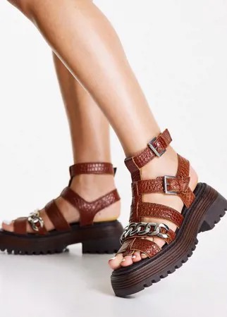 Массивные кожаные сандалии коричневого цвета с цепочками Topshop Pioneer-Коричневый цвет