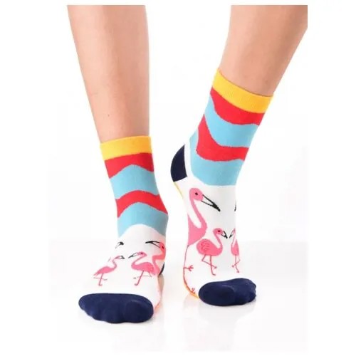 Яркие цветные носки унисекс, прикольные красочные носки/ Модные носки с рисунком/ Высокие носки из натурального хлопка с рисунком Фламинго, колорблок, размер 36-39
