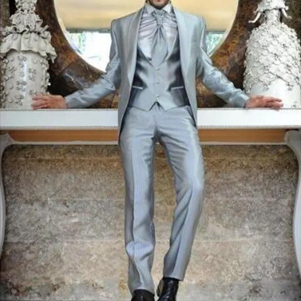 Новейшие серебряные атласные свадебные костюмы для мужчин, 3 предмета (пиджак + брюки + жилет + галстук), костюмы для мужчин, смокинг, костюм, м...