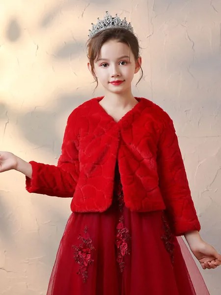 Milanoo Flower Girl Wraps Red Long Sleeves Faux Fur Coat Flower Girl Winter Blouse