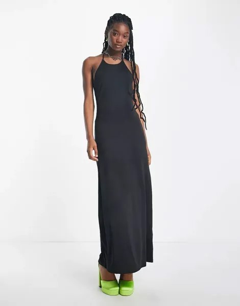 Светло-черное платье макси с глубоким вырезом-халтер и глубоким вырезом на спине Weekday