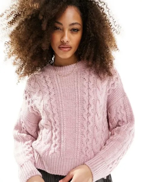 Розовый джемпер с круглым вырезом косой вязки ASOS