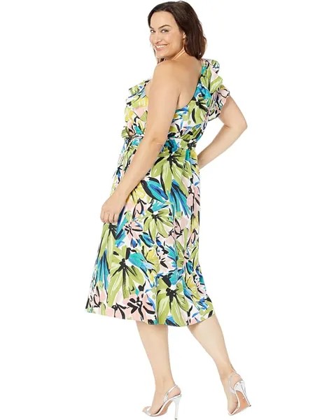 Платье Donna Morgan Plus Size One Shoulder Midi with Ruffle, цвет Soft White/Olive Green