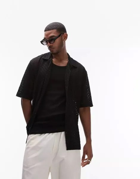 Черная рубашка оверсайз Topman из джерси, связанного крючком, с воротником-поло и планкой на пуговицах во всю длину