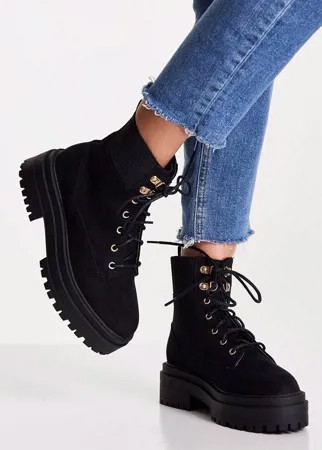 Черные ботинки из искусственной замши на плоской подошве со шнуровкой New Look-Черный цвет