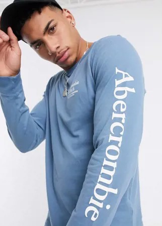 Голубой лонгслив с логотипом на рукаве и груди Abercrombie & Fitch-Синий