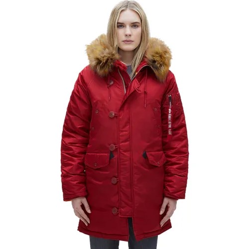 Парка  ALPHA INDUSTRIES зимняя, средней длины, силуэт прямой, капюшон, несъемный капюшон, регулировка ширины, манжеты, карманы, отделка мехом, ветрозащитная, внутренний карман, водонепроницаемая, съемный мех, подкладка, размер M, красный