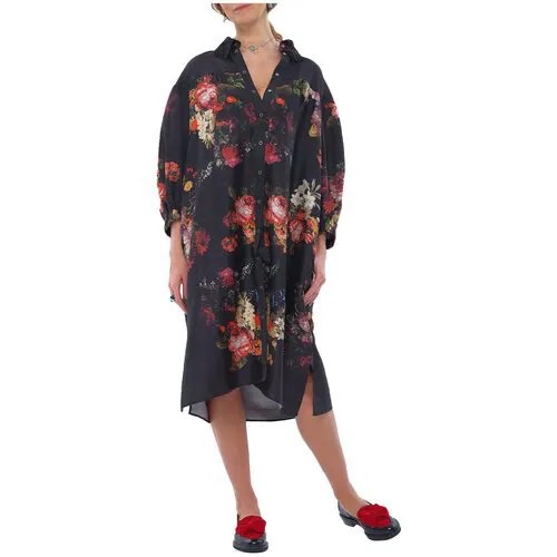Платье-рубашка из фактурного шёлка яркими цветами OVERSIZE, 42-48