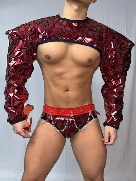 Сексуальные мужские крутые красные Лазерные зеркальные топы и шорты, одежда для бара, ночного клуба, мужской костюм DJ Gogo, блестящий набор дл...
