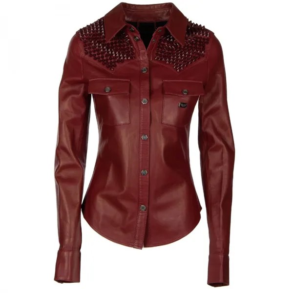 Philipp Plein Couture Кожаная куртка-рубашка с заклепками Be Real Burgundy S 34 09122
