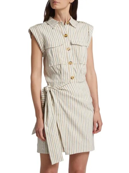 Полосатое мини-платье с запахом Giselle из смесового льна Derek Lam 10 Crosby, цвет Tan Multi