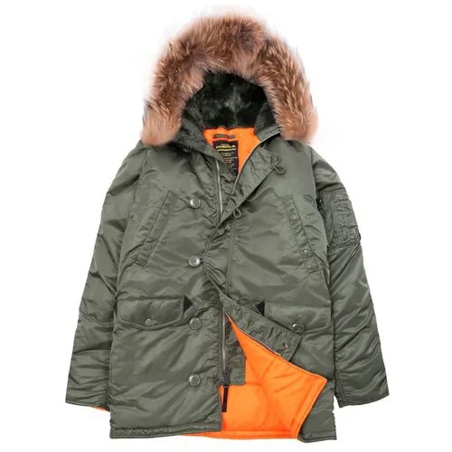 Куртка аляска Alpha Industries slim Fit N-3B Parka, green-orange, натуральный мех (размер: xs, российский размер: 44)