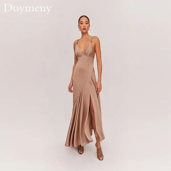 Doymeny 2023 атласное элегантное сексуальное ТРАПЕЦИЕВИДНОЕ вечернее платье с открытой спиной V-образным вырезом без рукавов с высоким разрезом элегантные платья