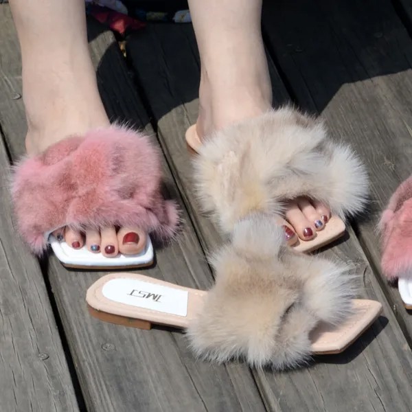 Европейская станция женские тапочки Лето 2021 100% натуральные меховые Шлепанцы из искусственного меха модная Нескользящая женская обувь