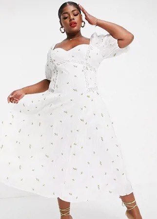 Белое платье миди А-силуэта с пышными рукавами, присборенными деталями по бокам и мелкой цветочной вышивкой ASOS DESIGN Curve Premium-Белый
