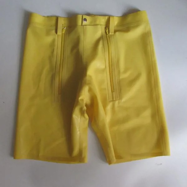 Желтые латексные мужские шорты, мужские сексуальные трусики с тремя молниями, латексная одежда для влюбленных, S-LPM030