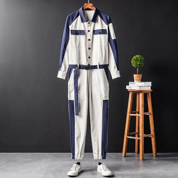 Комбинезон мужской составного кроя, однобортный брючный костюм в стиле хип-хоп, уличная одежда, комбинезон абрикосового цвета с несколькими карманами
