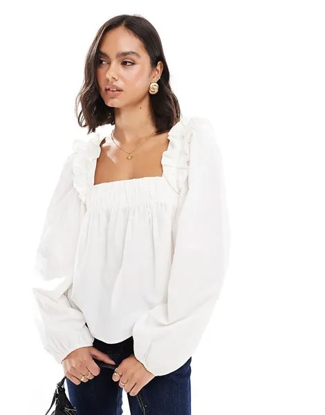 Белая блузка из поплина трапеции с рюшами на плечах ASOS DESIGN