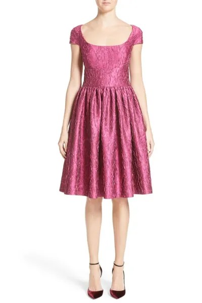 Платье-клеш BADGLEY MISCHKA Couture розового и фиолетового цвета из шелковой парчи 4 США