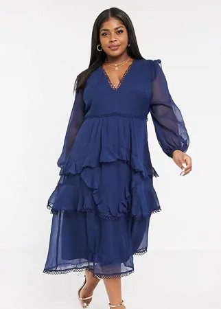 Платье миди ASOS DESIGN с длинными рукавами и отделкой воланами-Темно-синий