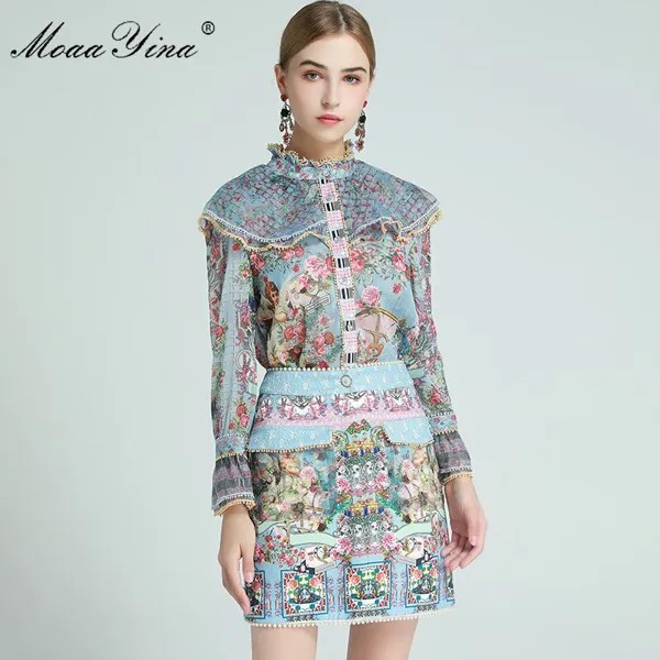 Модный дизайнерский комплект MoaaYina, Весенняя женская блузка с оборками и длинным рукавом + юбка с бисером и цветочным принтом ангела, комплек...