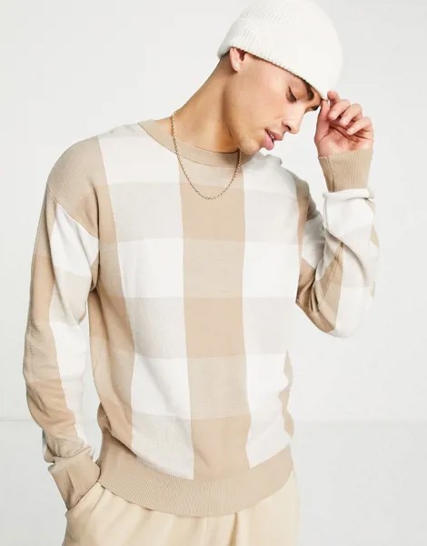 Oversized-джемпер из органического хлопка в клетку бежевого и кремового цветов Selected Homme-Разноцветный