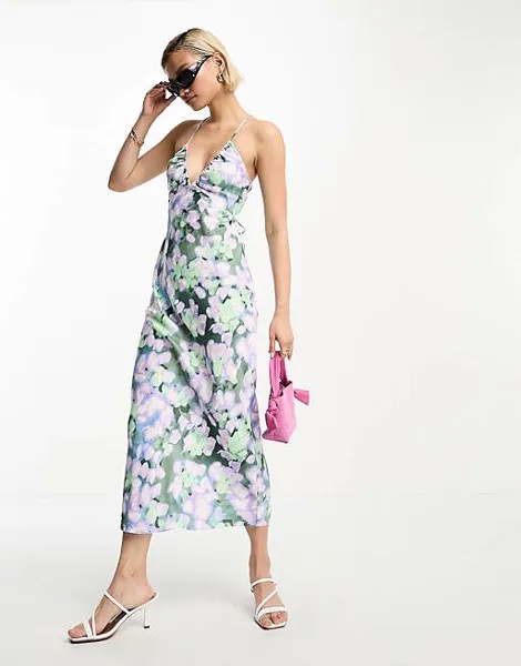 Атласное платье миди с открытой спиной и фиолетовым цветочным принтом & Other Stories