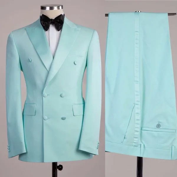 Мужские костюмы 2022 светло-голубые двубортные, свадебный смокинг Terno Masculino для жениха на выпускной, 2 шт., приталенный Блейзер, пиджак + брюки в ...