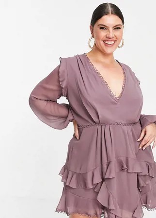 Платье мини с длинными рукавами и отделкой воланами ASOS DESIGN-Разноцветный