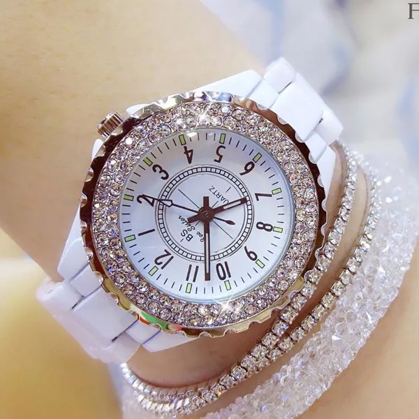 Женские часы Бренд Роскошная мода Белый кварцевый горный хрусталь Женские наручные часы Керамические часы
