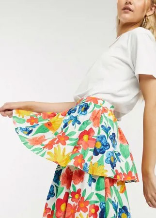 Ярусная юбка миди с цветочным принтом Glamorous-Многоцветный