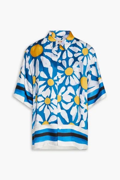 Атласная рубашка оверсайз с цветочным принтом MARNI, синий