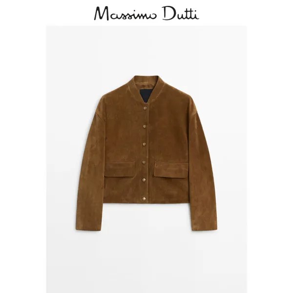 Летняя новинка Massimo Dutti 2024, женская куртка-бомбер из коричневой фактурной замши Maillard, куртка 04715735778, цвет коричневый