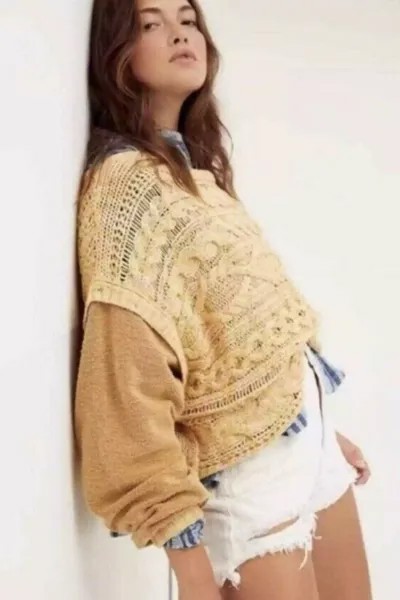 Свитер Free People Толстовка вязаный пуловер с флисовыми рукавами Медовый XL NWT