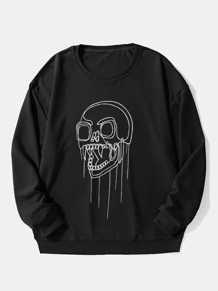 Mens Line Drawing Череп Print Crew Шея Повседневные пуловеры кофты