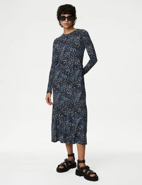 Многоярусное платье миди с круглым вырезом и принтом из джерси Marks & Spencer, синий микс