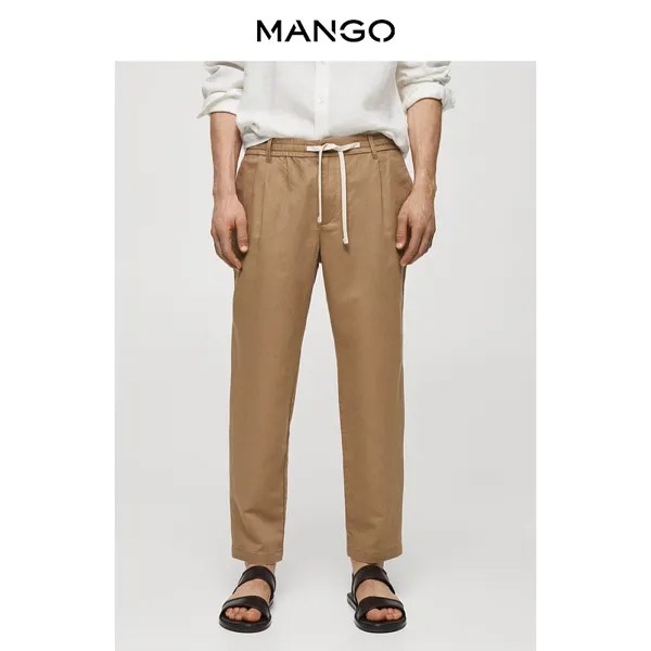 Мужские брюки Mango из хлопка и льна, коричневый