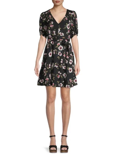 Дневное мини-платье с цветочным принтом и пышными рукавами Shani Velvet By Graham & Spencer, цвет Black Multi
