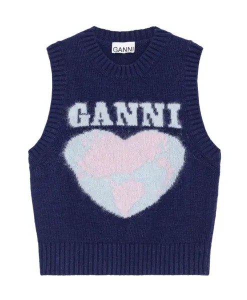 Шерстяной свитер с круглым вырезом с сердечками Ganni, синий