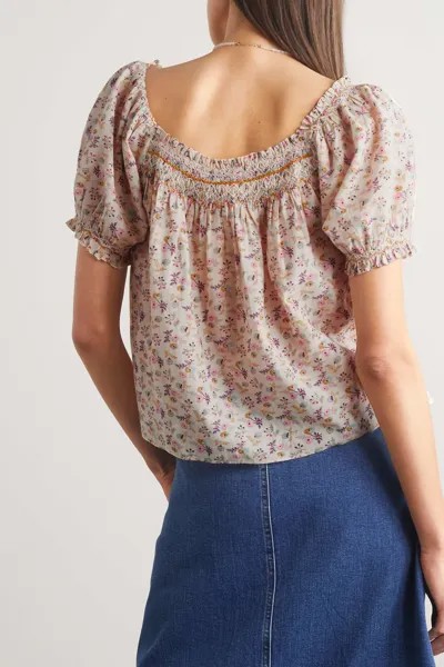 DÔEN + NET SUSTAIN Присборенная блуза Portia с цветочным принтом и вуалью из органического хлопка, бежевый