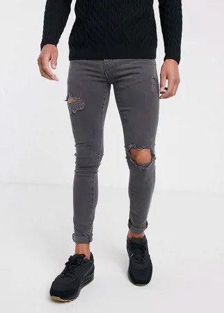 Серые супероблегающие джинсы с рваной отделкой New Look-Черный