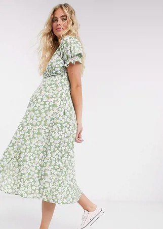 Шалфейно-зеленое свободное платье миди с цветочным принтом Influence Maternity-Мульти