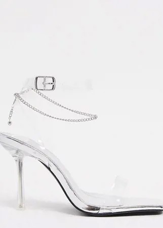 Серебристые босоножки на каблуке для широкой стопы с браслетом на ногу Public Desire-Серебристый