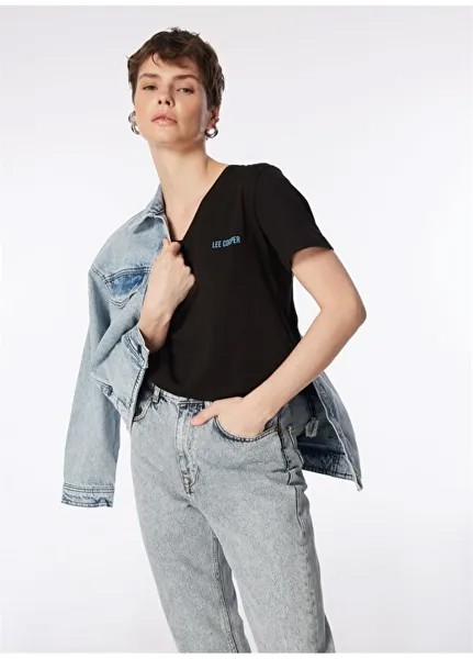 Однотонная черная женская футболка с V-образным вырезом 242 LCF 242018 LOLES BLACK Lee Cooper, черный