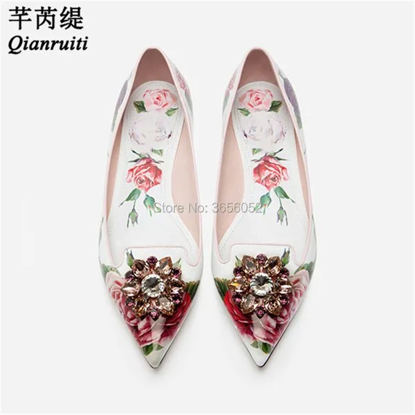 Qianruiti Chaussures Femme, черные, белые, розовые балетки на плоской подошве с принтом, блестящие, Кристальные Мокасины с цветами, женские слипоны на пл...