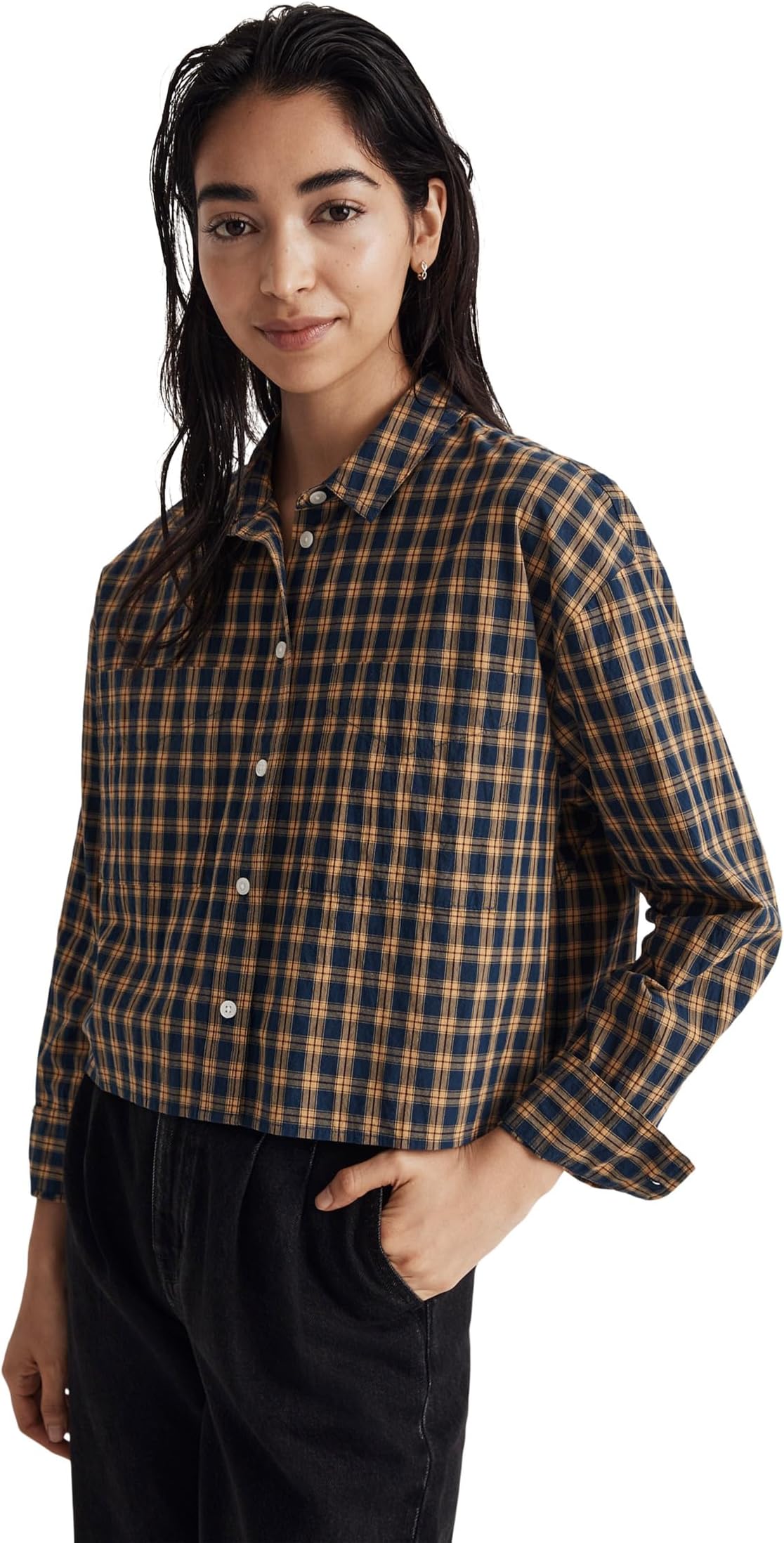 Укороченная рубашка из поплина The Signature в клетку Madewell, цвет Classic Plaid Indigo