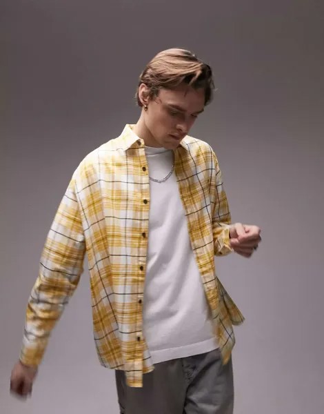 Желтая рубашка оверсайз в клетку с длинными рукавами и вышивкой Topman