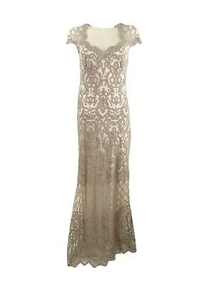 TADASHI SHOJI Женское Бежевое Кружевное Длинное Вечернее Платье с Вырезом Queen Anne 2