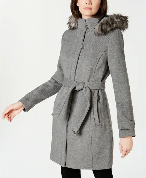 Calvin Klein NWT Modern СЕРОЕ длинное пальто с поясом и отделкой из искусственного меха, размер XXL