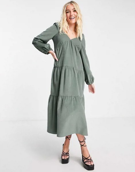Свободное ярусное платье миди из вельвета цвета хаки в стиле бебидолл ASOS DESIGN-Зеленый цвет